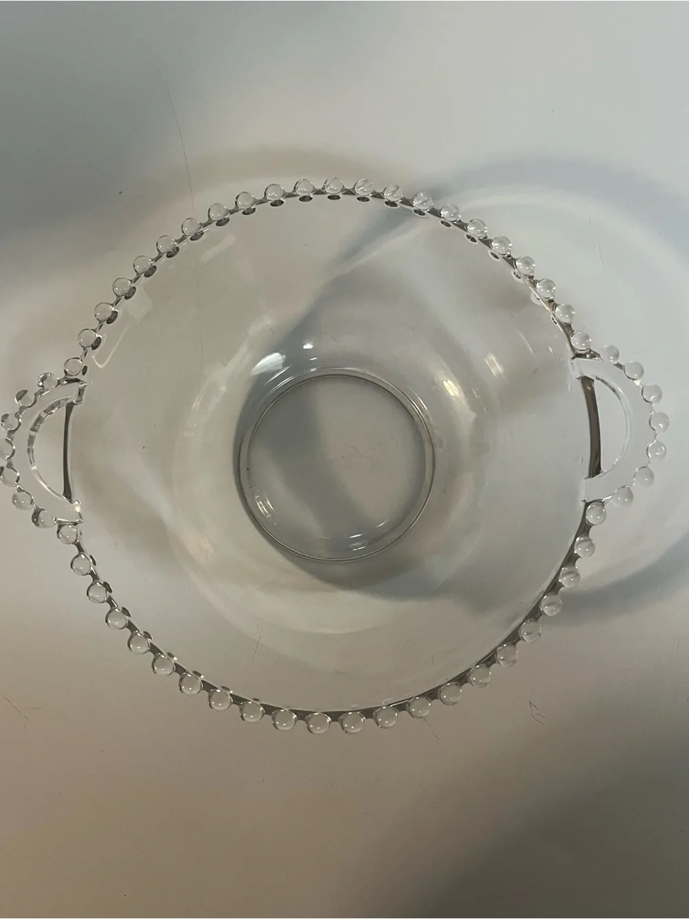 Vintage Clear Glass Beaded Rim Handled Serving Bowl Candlewick Style 10” MCM